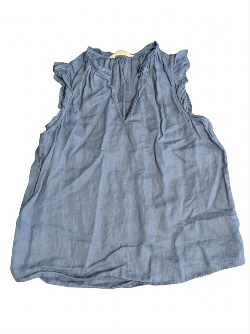 Boden Blue 100% Linen Ruffle Blouse US 8 UK 12 Fall Transition Layering Top